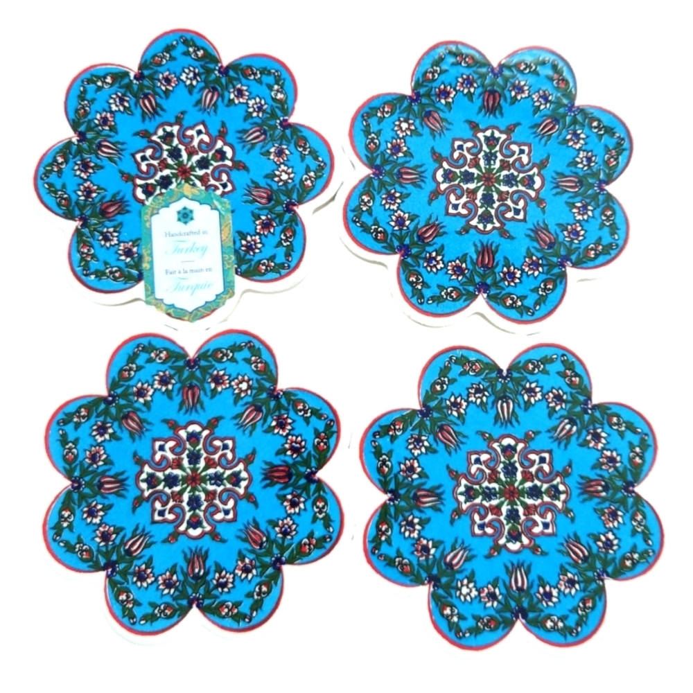 Set of 4 Blue Floral Design Handcrafted Turkish Ceramic Coasters